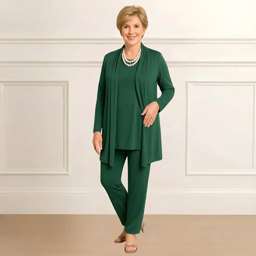 Women's Three Piece Open Front Cardigan and Straight Leg Pants Set
