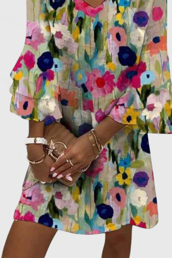 Women's Long Sleeve Floral Mini Dress with V-Neckline