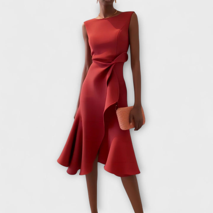 Women's Sleeveless Wrap Midi Dress with Ruffle Hem