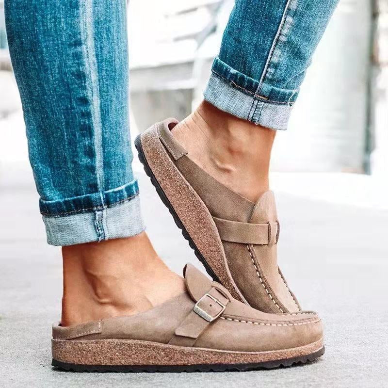 Women's Orthopedic Slip on Mules with Buckle Detail and Moccasin Stitch