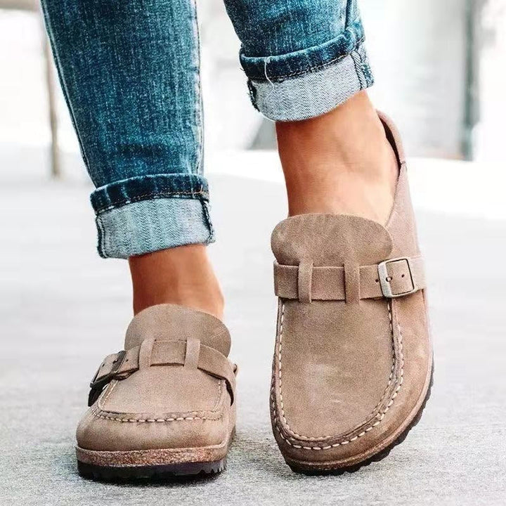 Women's Orthopedic Slip on Mules with Buckle Detail and Moccasin Stitch