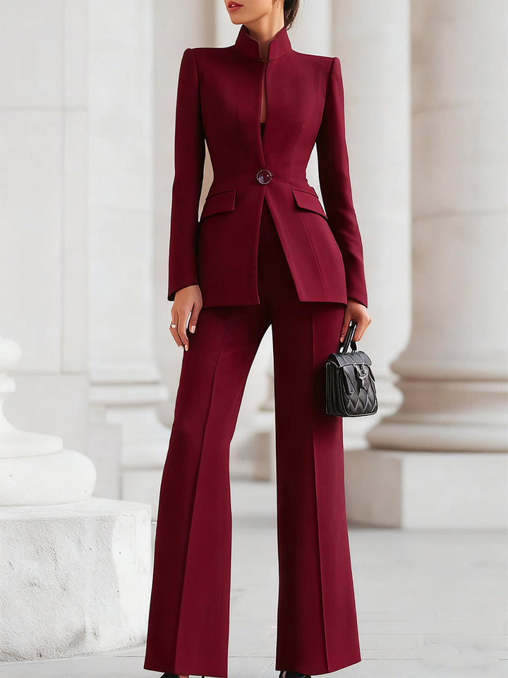 Women's Structured Blazer and Wide Leg Pants Suit Set