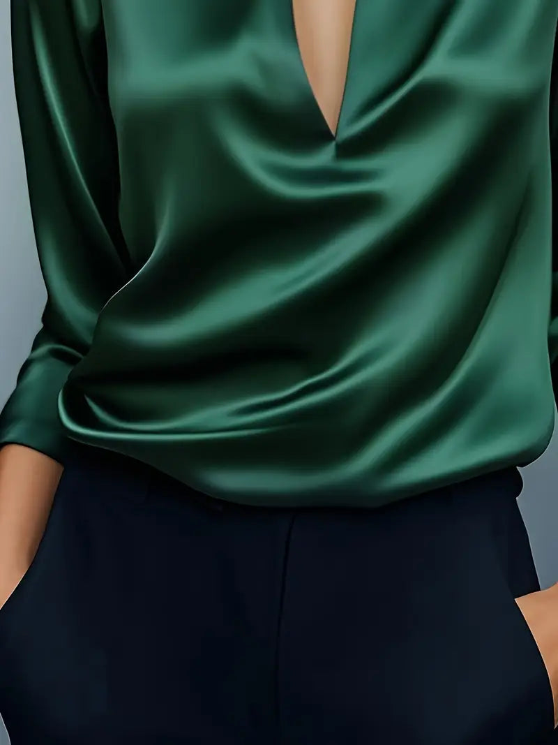 Women's Satin Blouse with V-Neck Collar and Long Sleeve