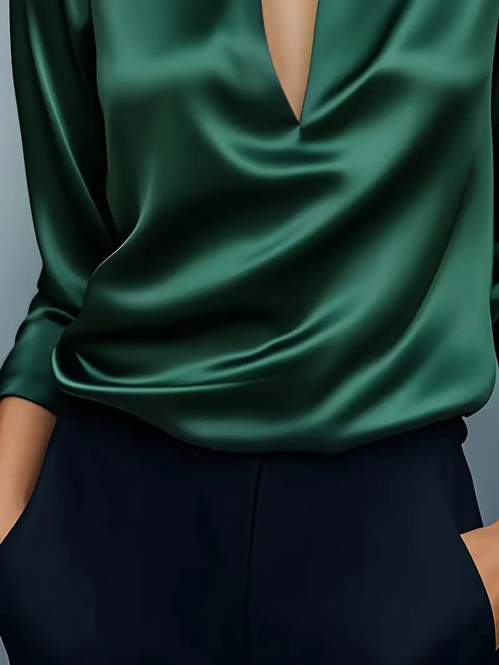 Women's Satin Blouse with V-Neck Collar and Long Sleeve