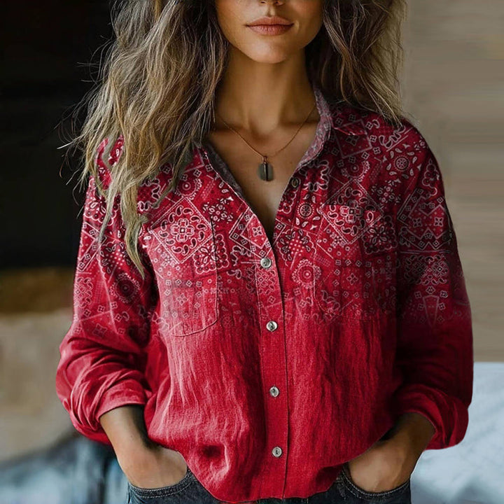 Women's Boho Print Shirt with Button Front and Long Sleeve