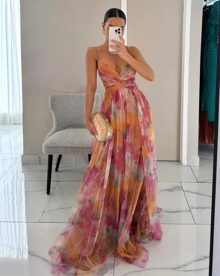 Women's Spaghetti Strap Maxi Dress with Ruched Bodice