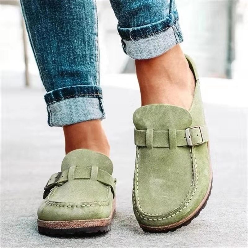 Women's Orthopedic Slip on Mules with Buckle Detail and Moccasin Stitch