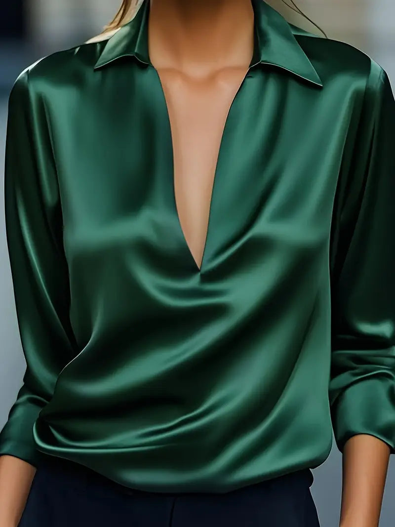 Women's Satin Blouse with V-Neck Collar and Long Sleeve