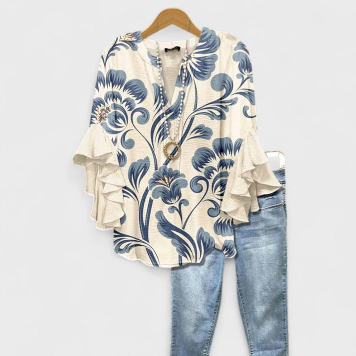 Women's V-Neck Blouse with Ruffle Sleeve and Relaxed Fit