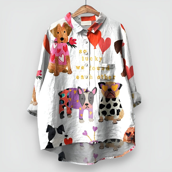 Women's Dog Print Shirt with Button Front and Shirt Collar