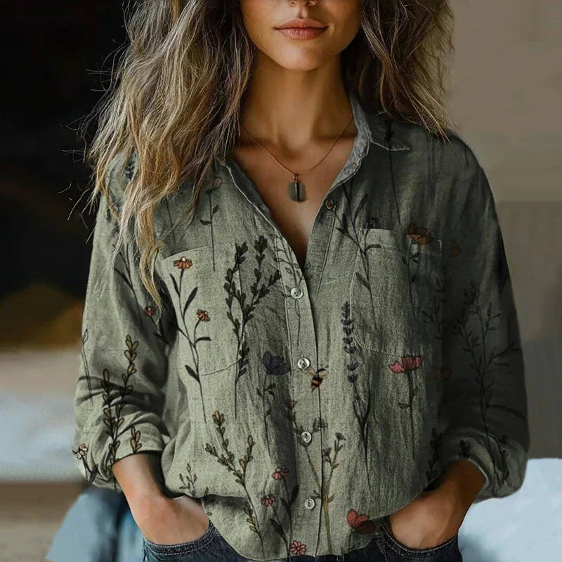 Women's Boho Print Shirt with Button Front and Long Sleeve