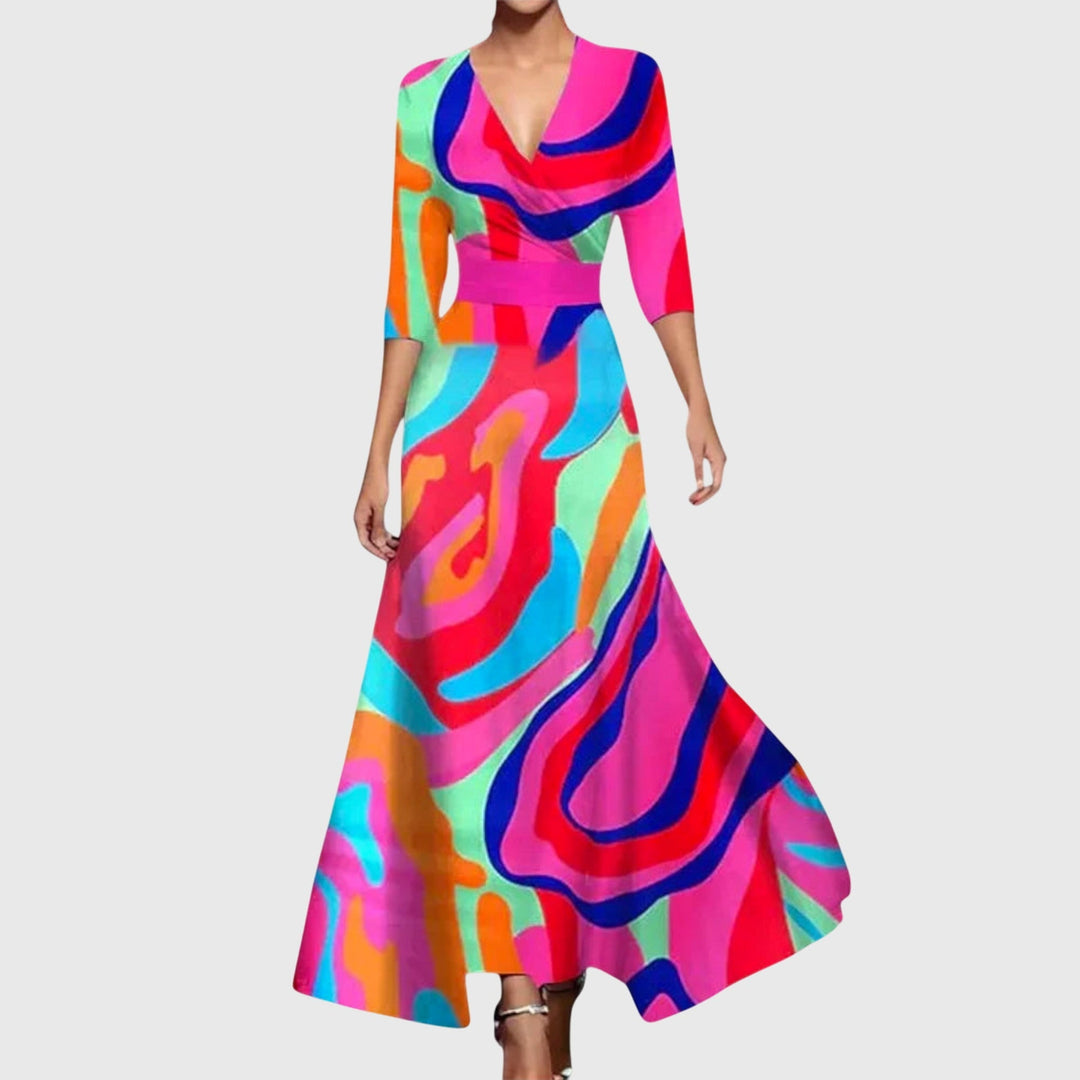 Women's Long Sleeve Maxi Dress with V Neck and Floral