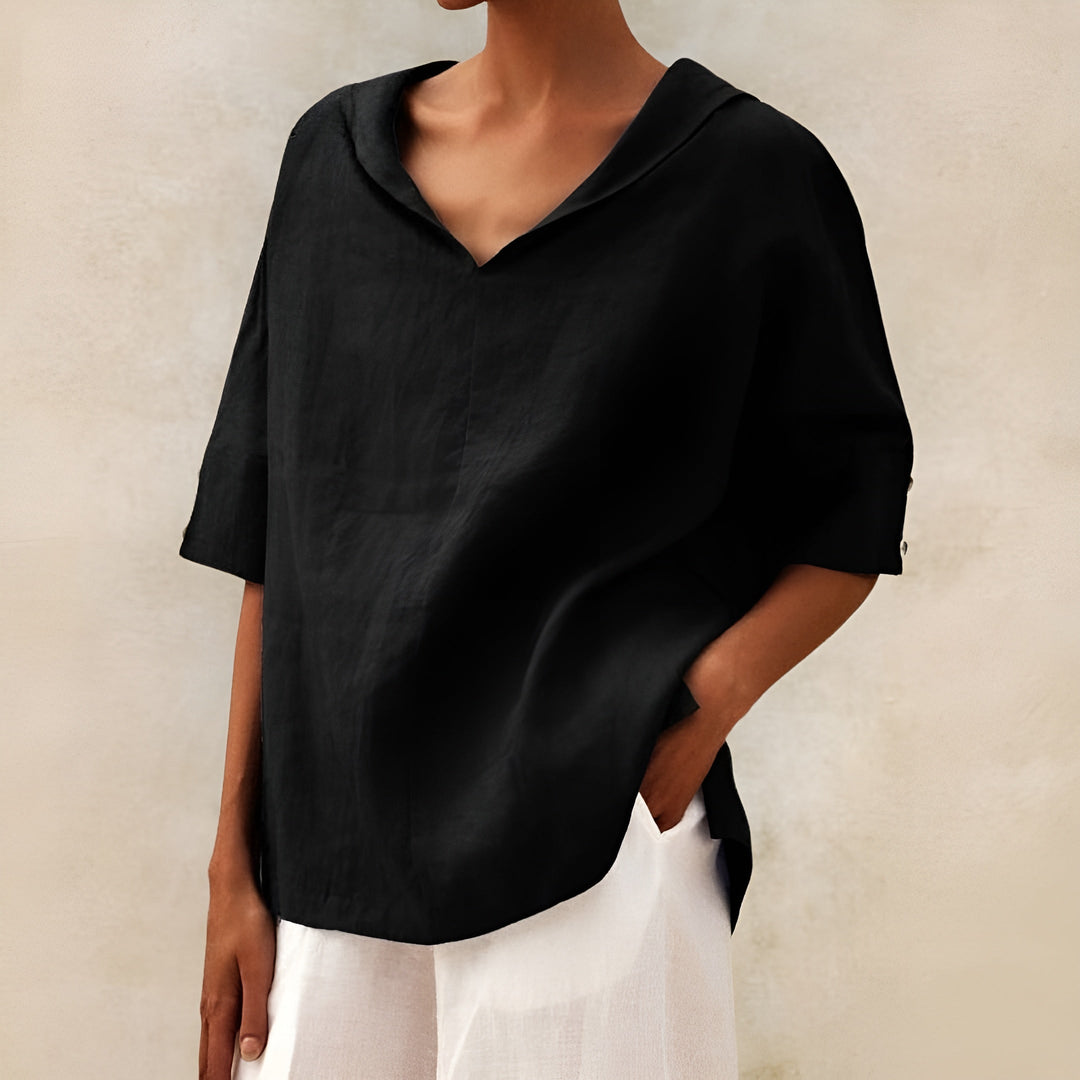 Women's V-Neck Blouse with Short Sleeve Relaxed Fit