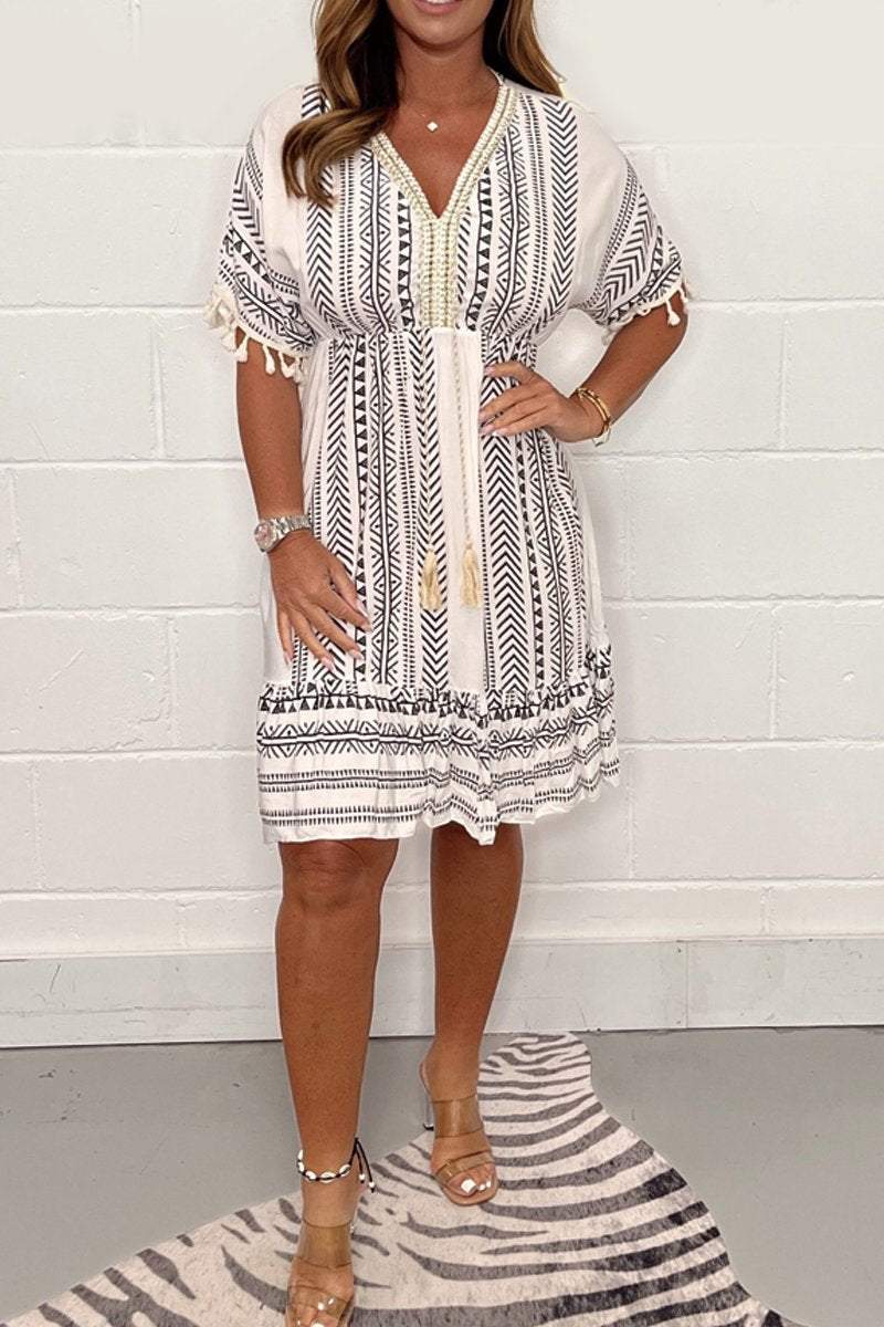 Una | Midi Summer Dress with Boho Print and Tassel Trim