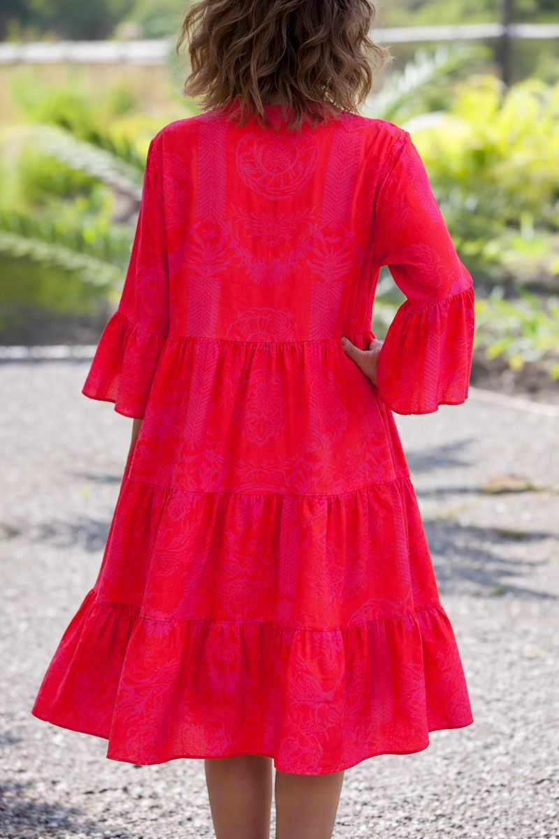 Penelope | Midi Summer Dress with Tropical Print and Flared Sleeves