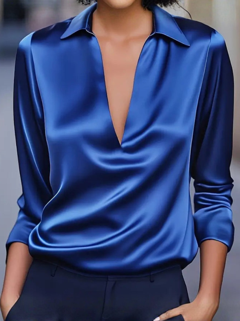 Women's Satin Blouse with V-Neck Collar and Long Sleeve
