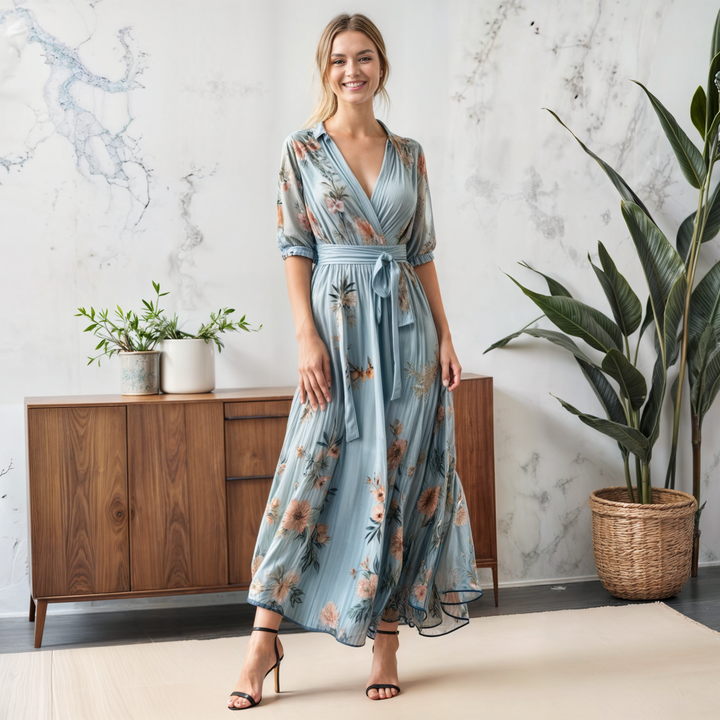 Women's Blue Floral Wrap Midi Dress with Puff Sleeves