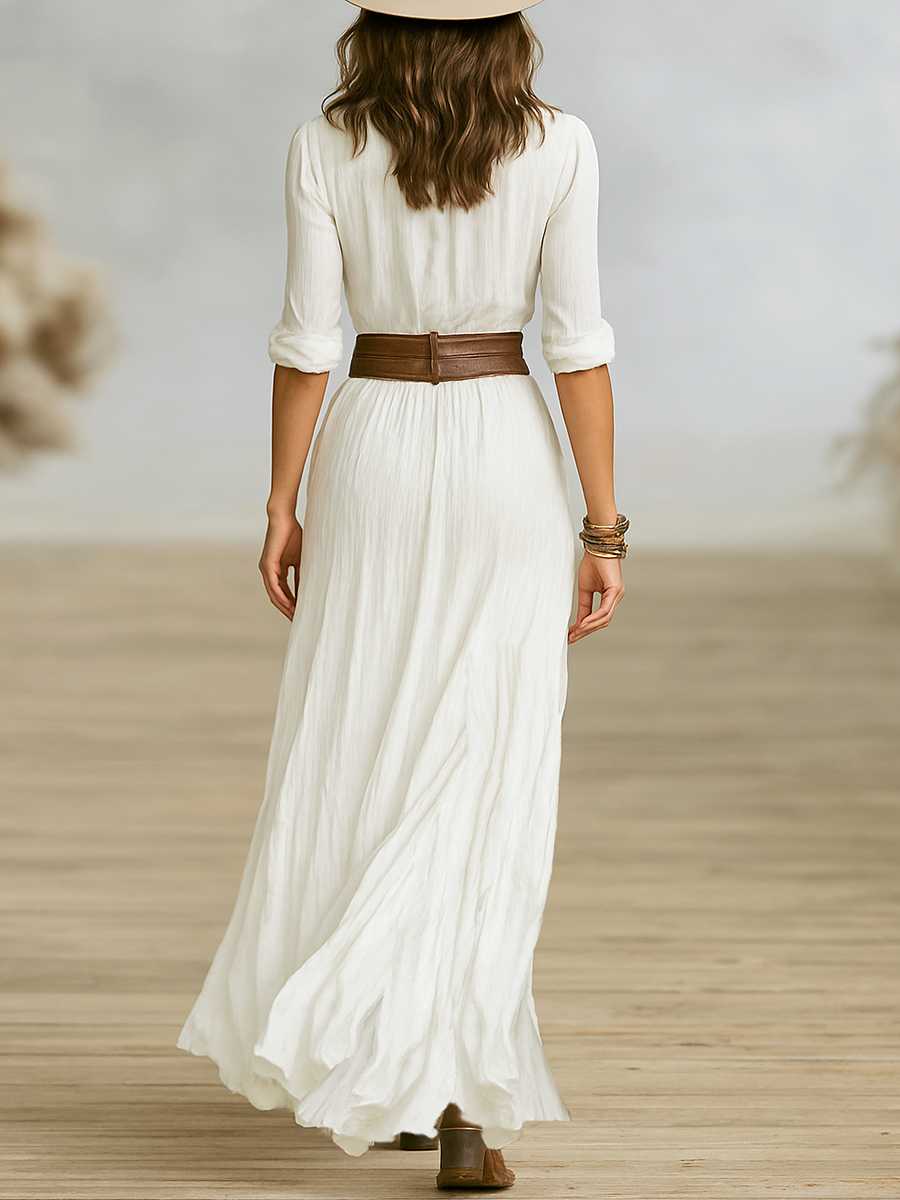 Women's Button Front Shirt Maxi Dress with Belt and Front Slit