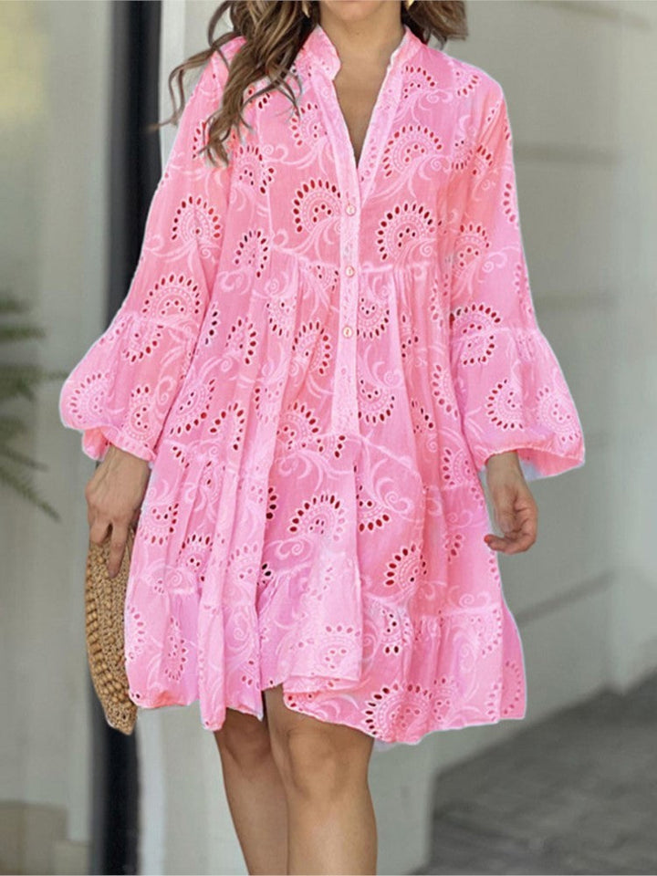 Women's Tiered Mini Dress with Bell Sleeves and Eyelet Detail