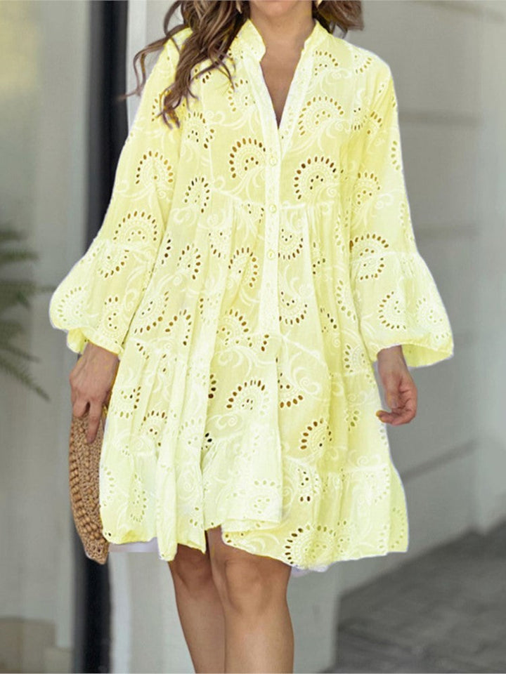 Women's Tiered Mini Dress with Bell Sleeves and Eyelet Detail