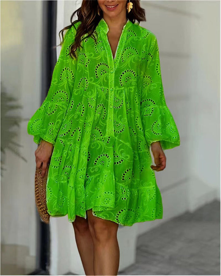 Women's Tiered Mini Dress with Bell Sleeves and Eyelet Detail