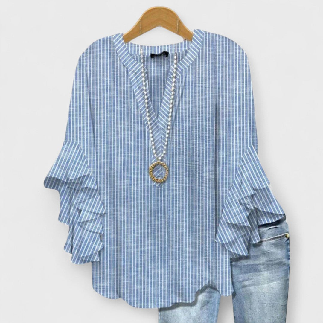 Women's V-Neck Blouse with Ruffle Sleeve and Relaxed Fit