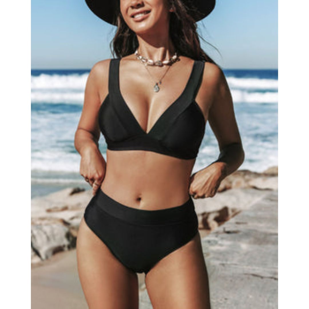 Women's High Waist V-Neck Bikini Set with Wide Strap