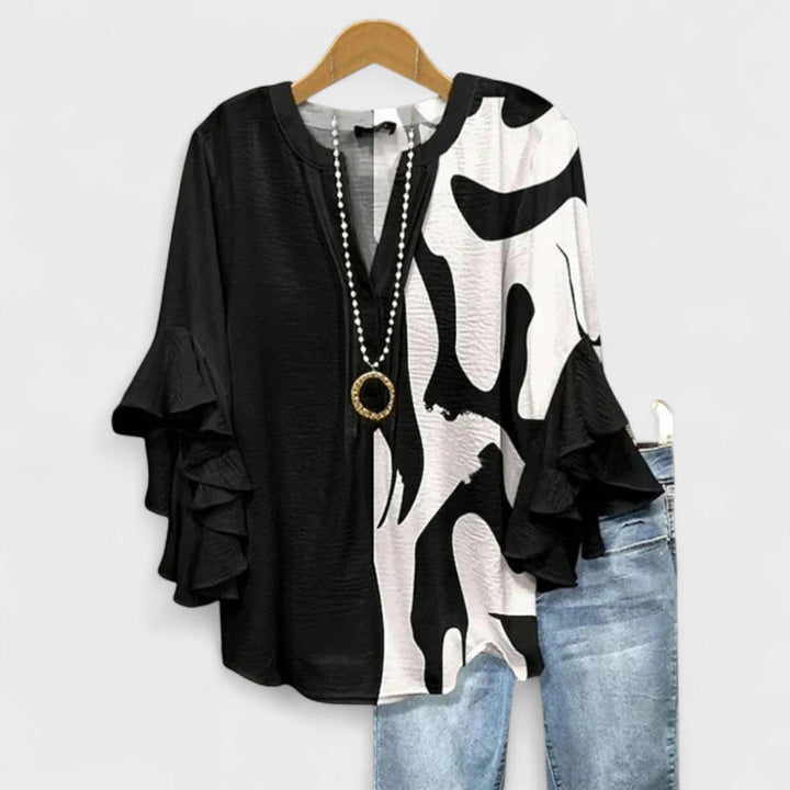 Women's V-Neck Blouse with Ruffle Sleeve and Relaxed Fit