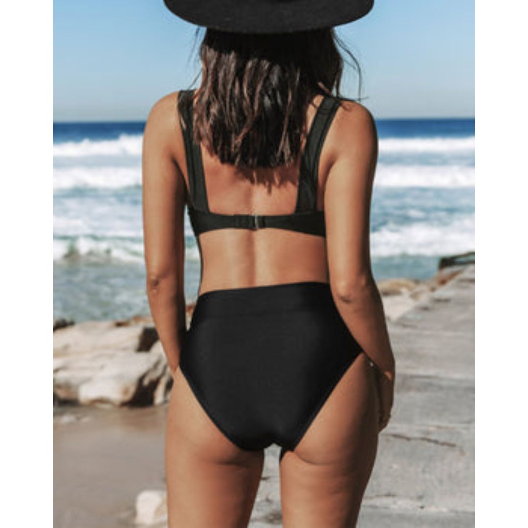Women's High Waist V-Neck Bikini Set with Wide Strap
