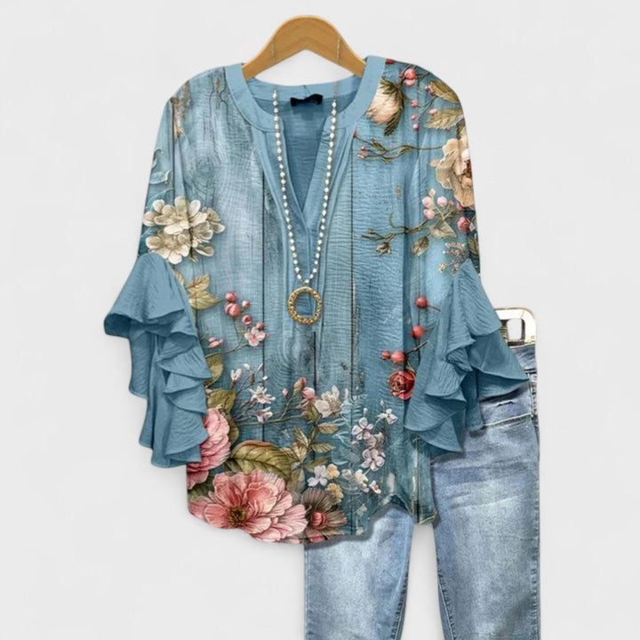 Women's V-Neck Blouse with Ruffle Sleeve and Relaxed Fit