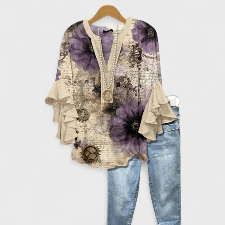 Women's V-Neck Blouse with Ruffle Sleeve and Relaxed Fit