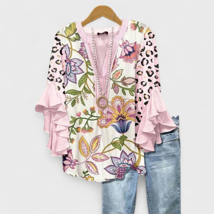 Women's V-Neck Blouse with Ruffle Sleeve and Relaxed Fit