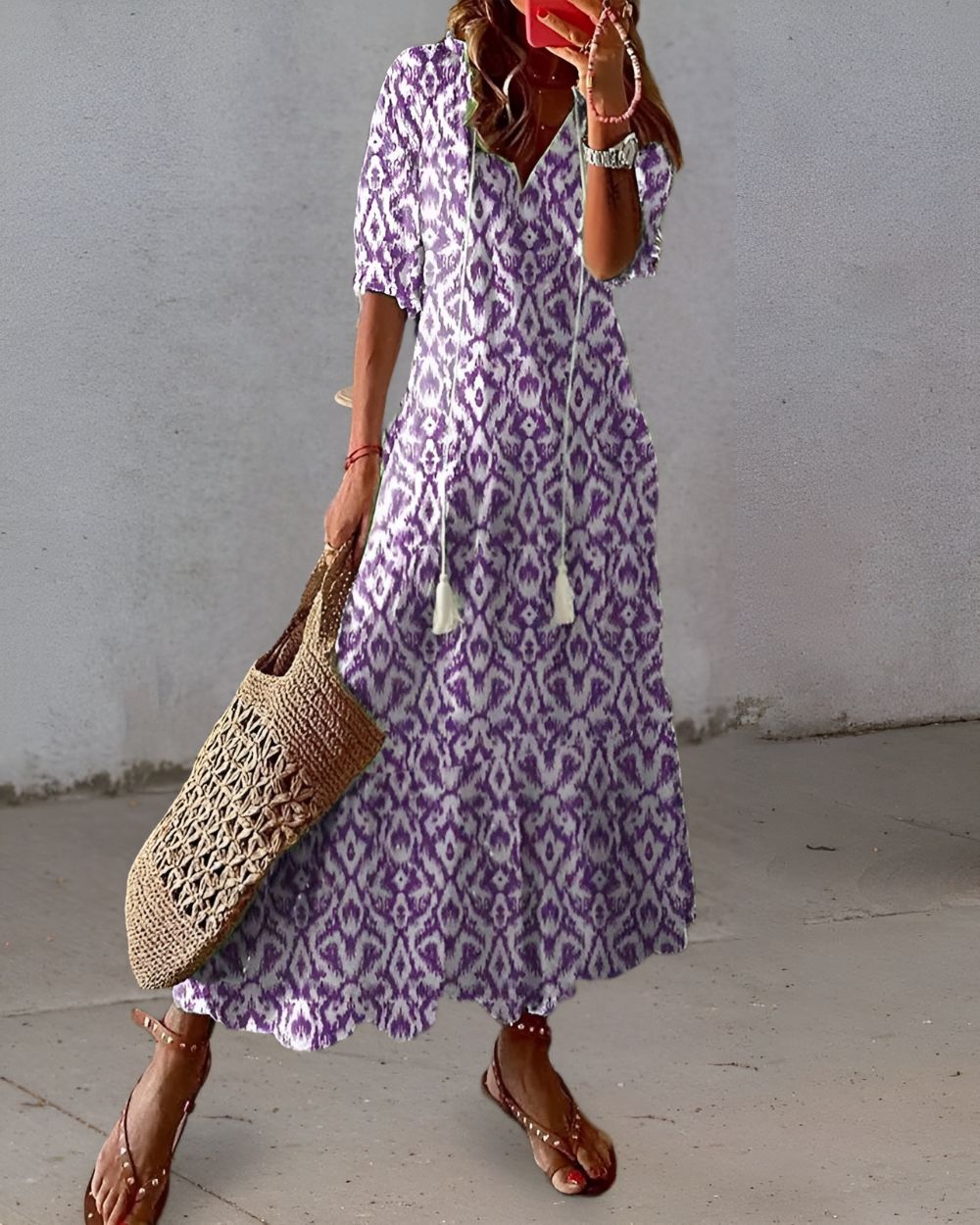 Women's Boho Printed Maxi Dress with Tassel Tie