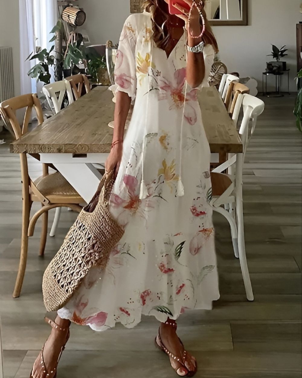 Women's Boho Printed Maxi Dress with Tassel Tie