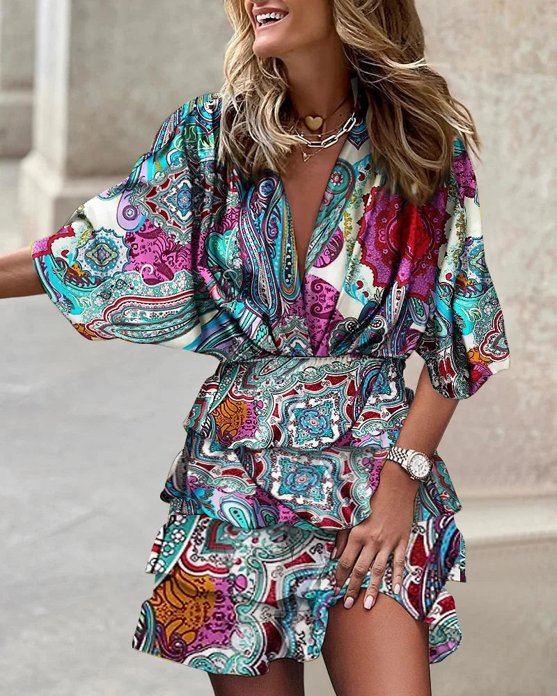 Kimberley | Boho Floral Mini Dress Tiered Ruffled