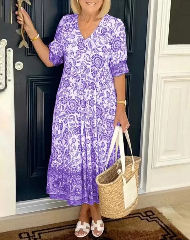 Women's Floral Maxi Dress with Button Front and 3/4 Sleeves