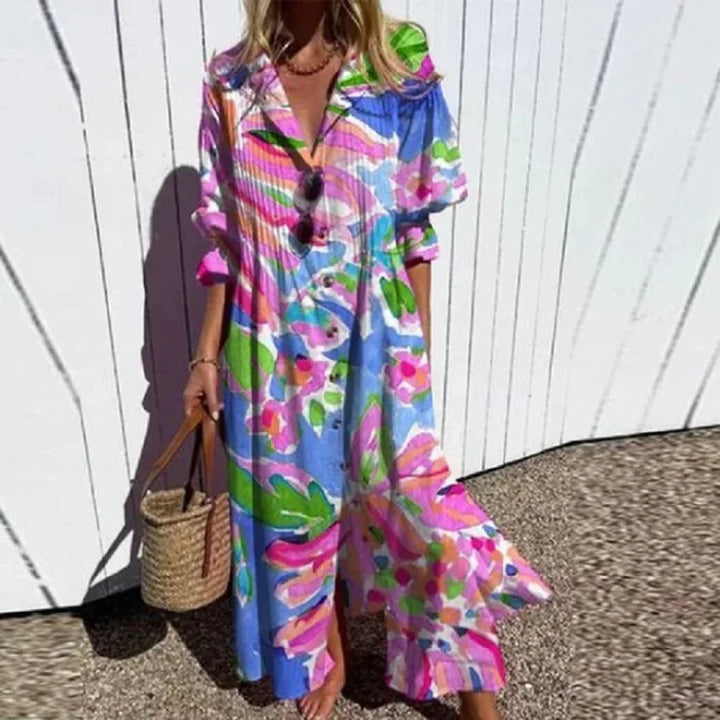 Women's Floral Maxi Dress with V-Neck and Front Slit