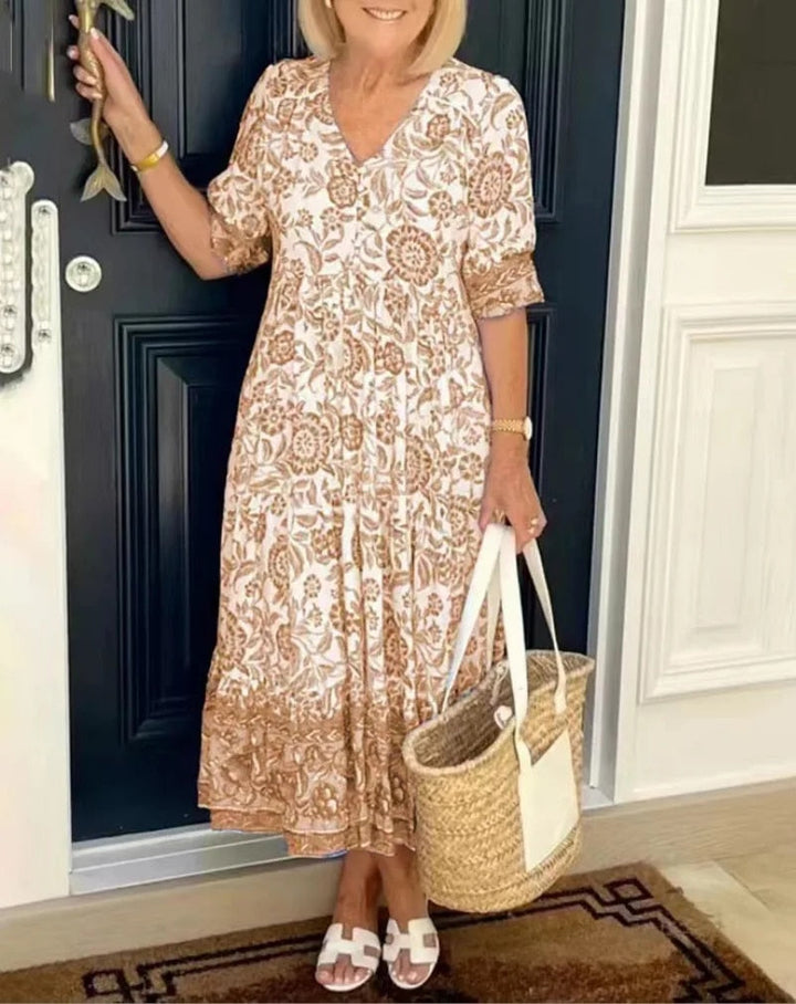 Women's Floral Maxi Dress with Button Front and 3/4 Sleeves