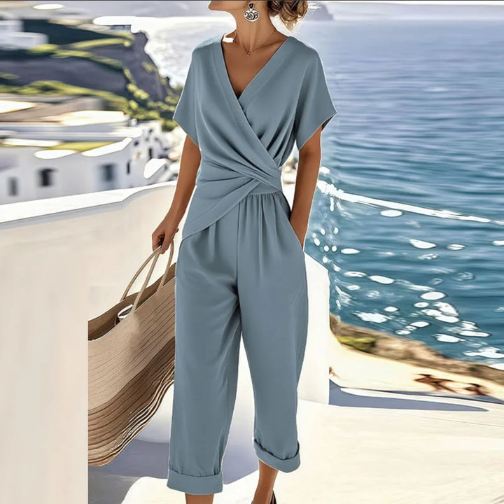 Women's Beige Wrap Top and Cuffed Trouser Two Piece Set