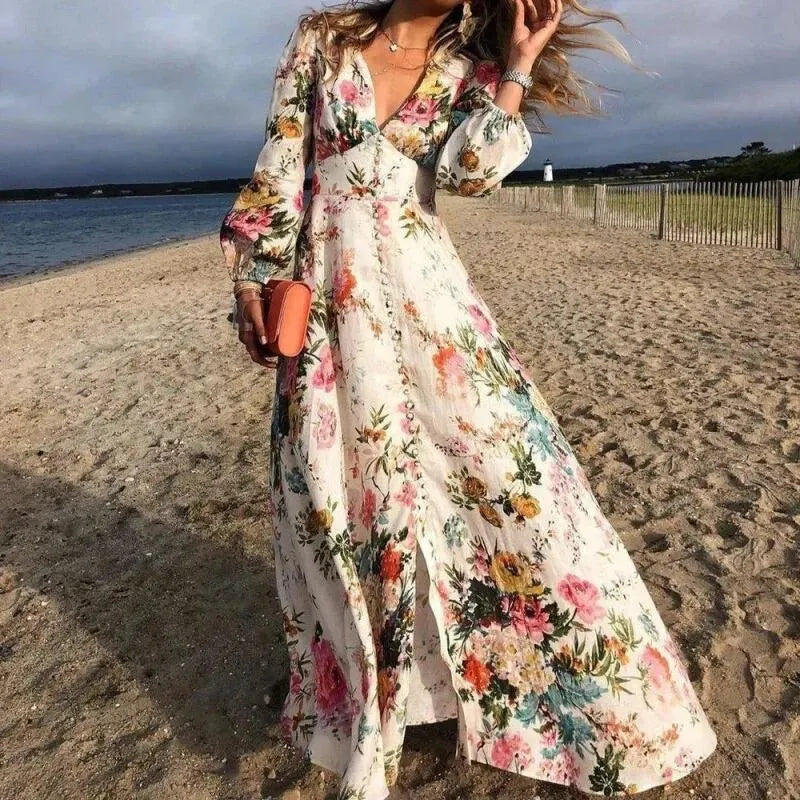 Cecily | Beach Maxi Dress Floral Long Sleeve