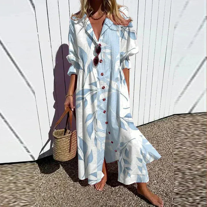 Women's Floral Maxi Dress with V-Neck and Front Slit
