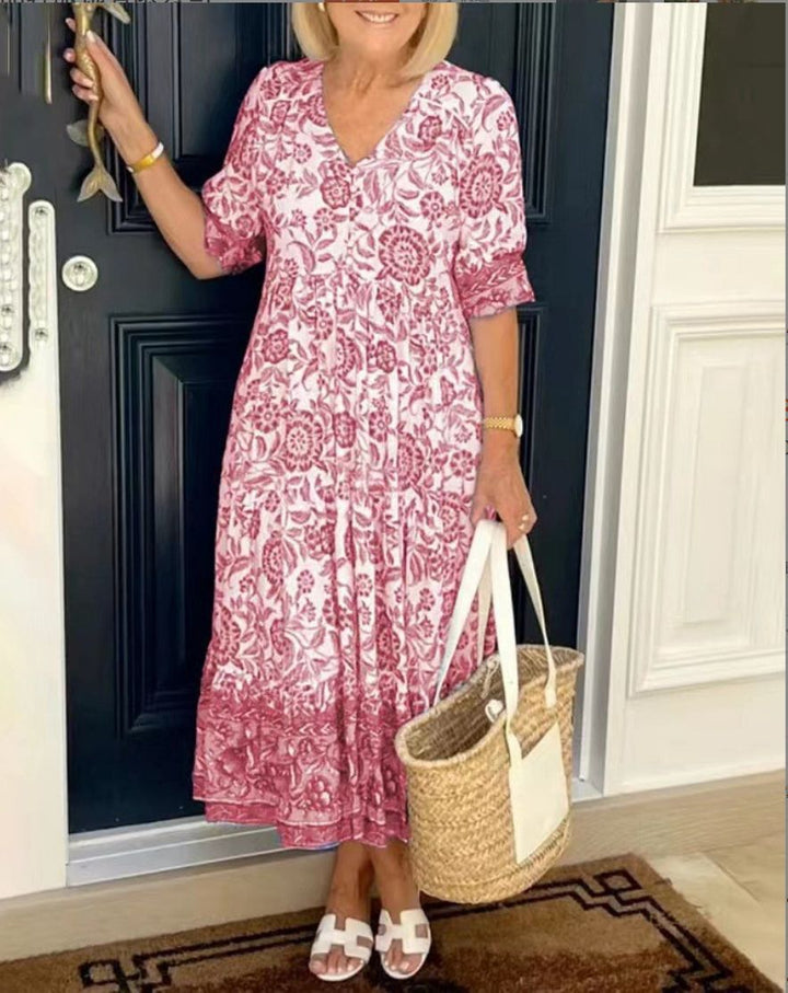 Women's Floral Maxi Dress with Button Front and 3/4 Sleeves