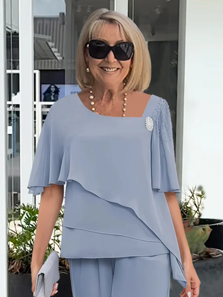 Women's Short Sleeve Draped Overlay Top and Straight Leg Pants Set
