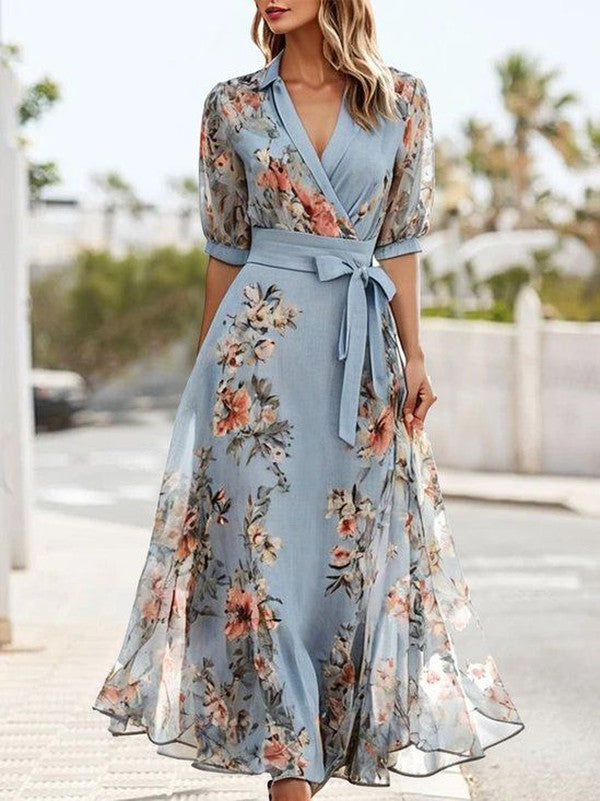 Women's Blue Floral Wrap Midi Dress with Puff Sleeves