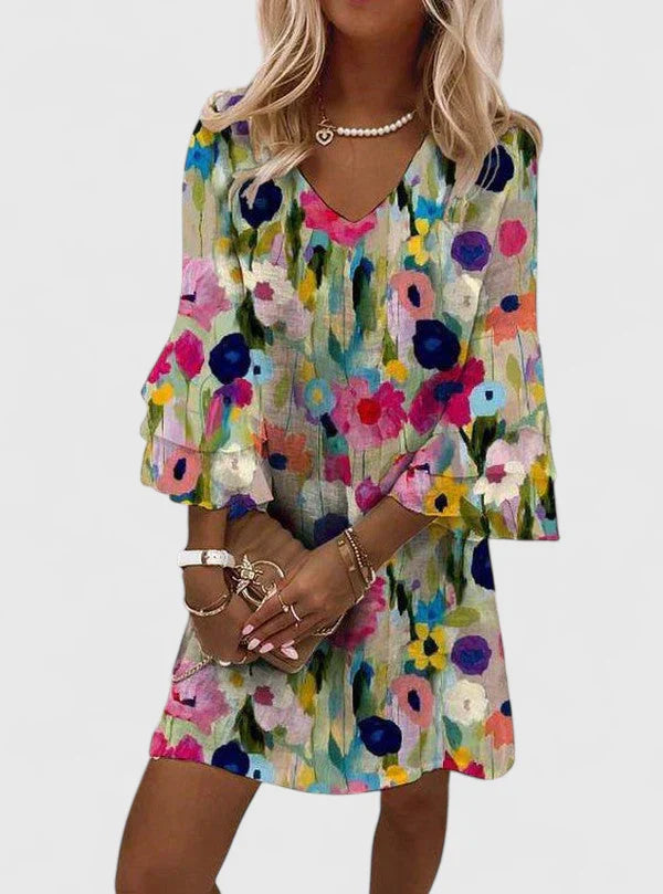Women's Long Sleeve Floral Mini Dress with V-Neckline