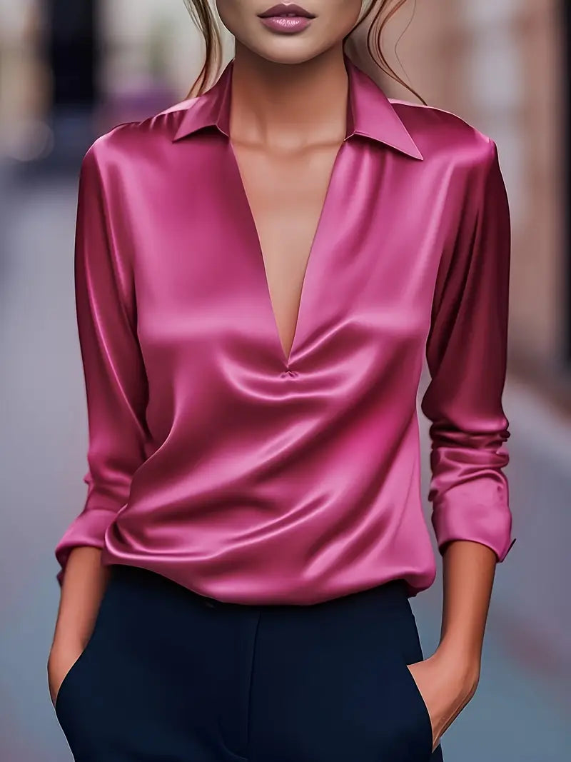 Women's Satin Blouse with V-Neck Collar and Long Sleeve