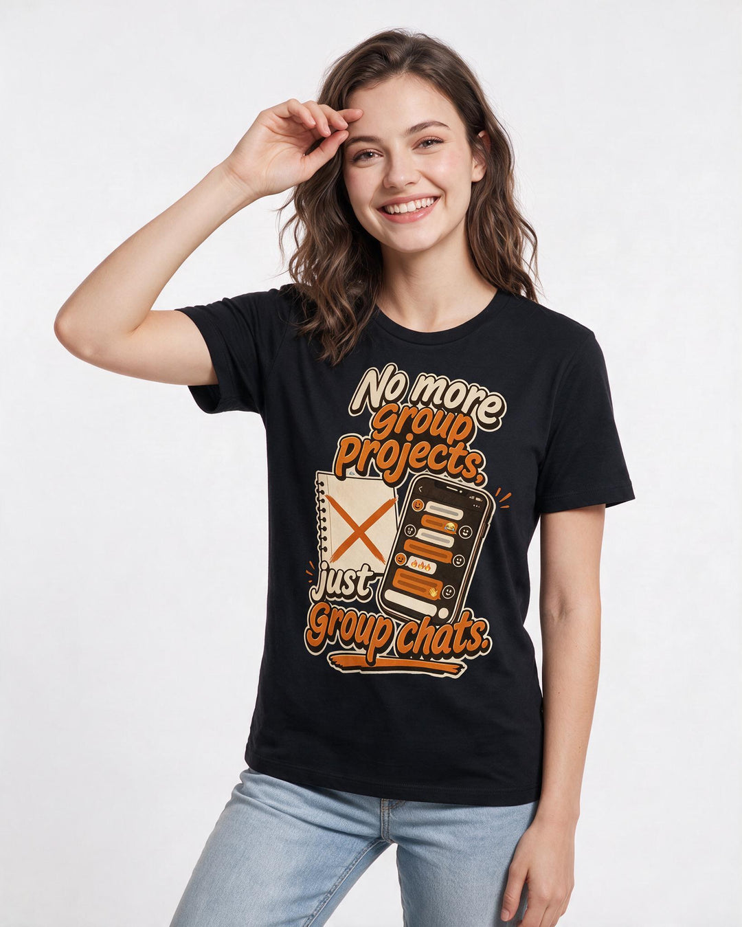 Funny Graduation Women's Black T-Shirt – No more group projects, just group chats. product image 3