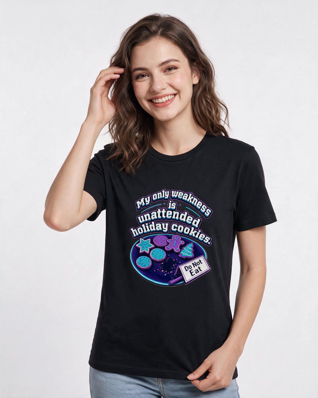 Christmas Women's Black T-Shirt – My only weakness is unattended holiday cookies. product image 3