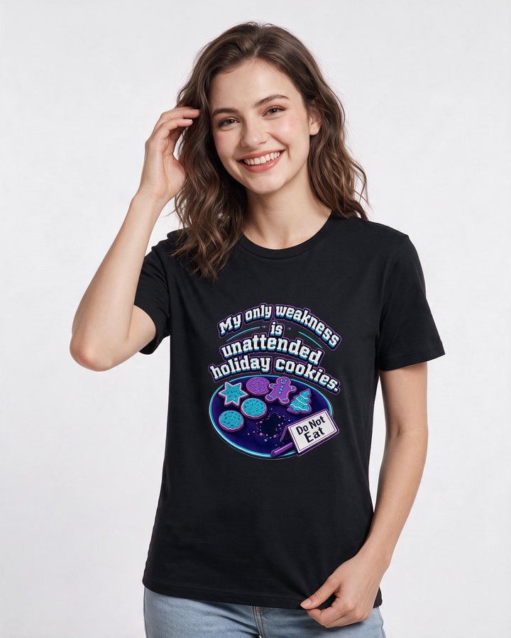 Christmas Women's Black T-Shirt – My only weakness is unattended holiday cookies. product image 3