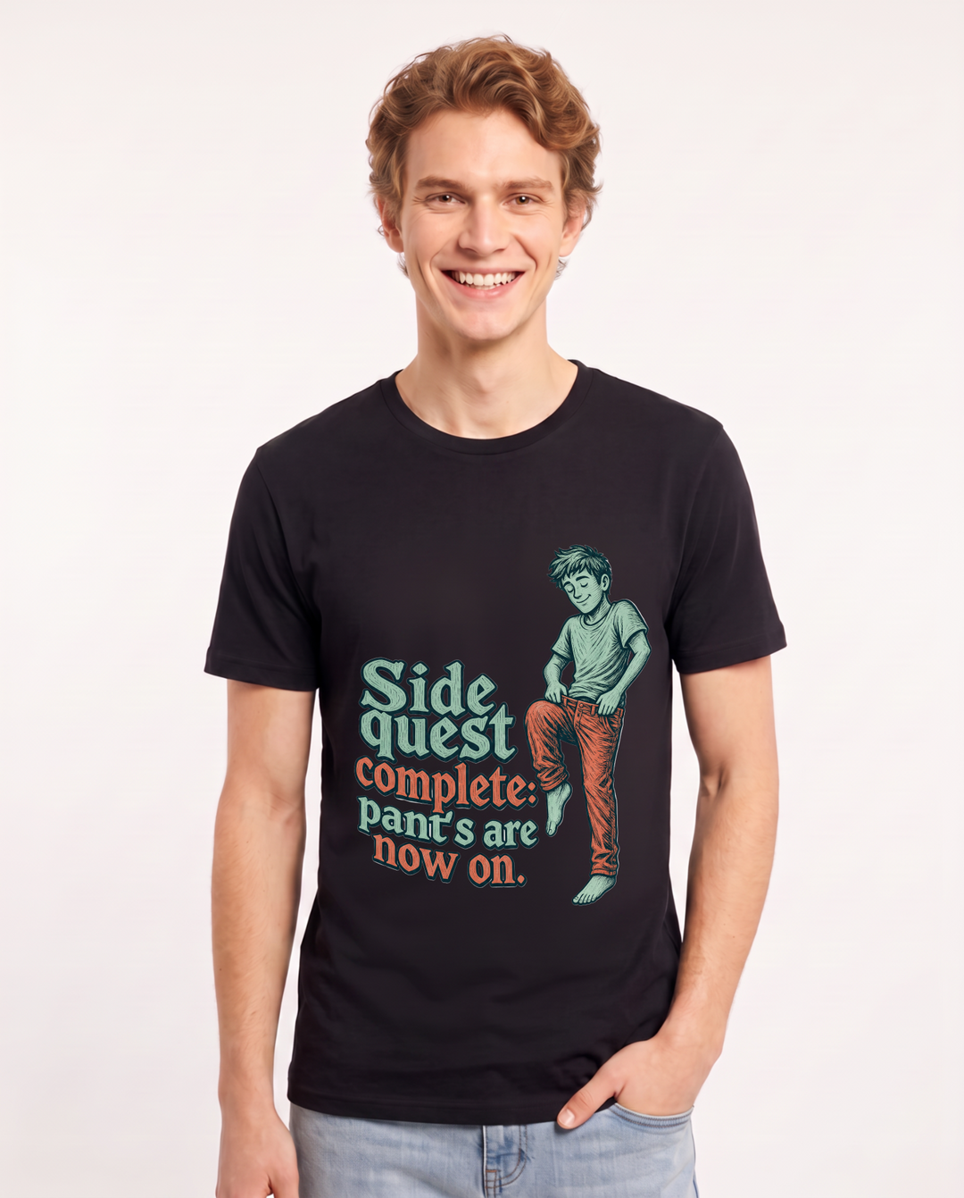 Funny Gaming Men's Black T-Shirt – Side quest complete: pants are now on. product image 1